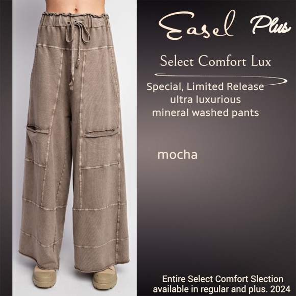 EASEL "Select Comfort" Premium Mineral Washed Wide Leg Pants Raw Hem Seam Detail - Picture 1 of 16